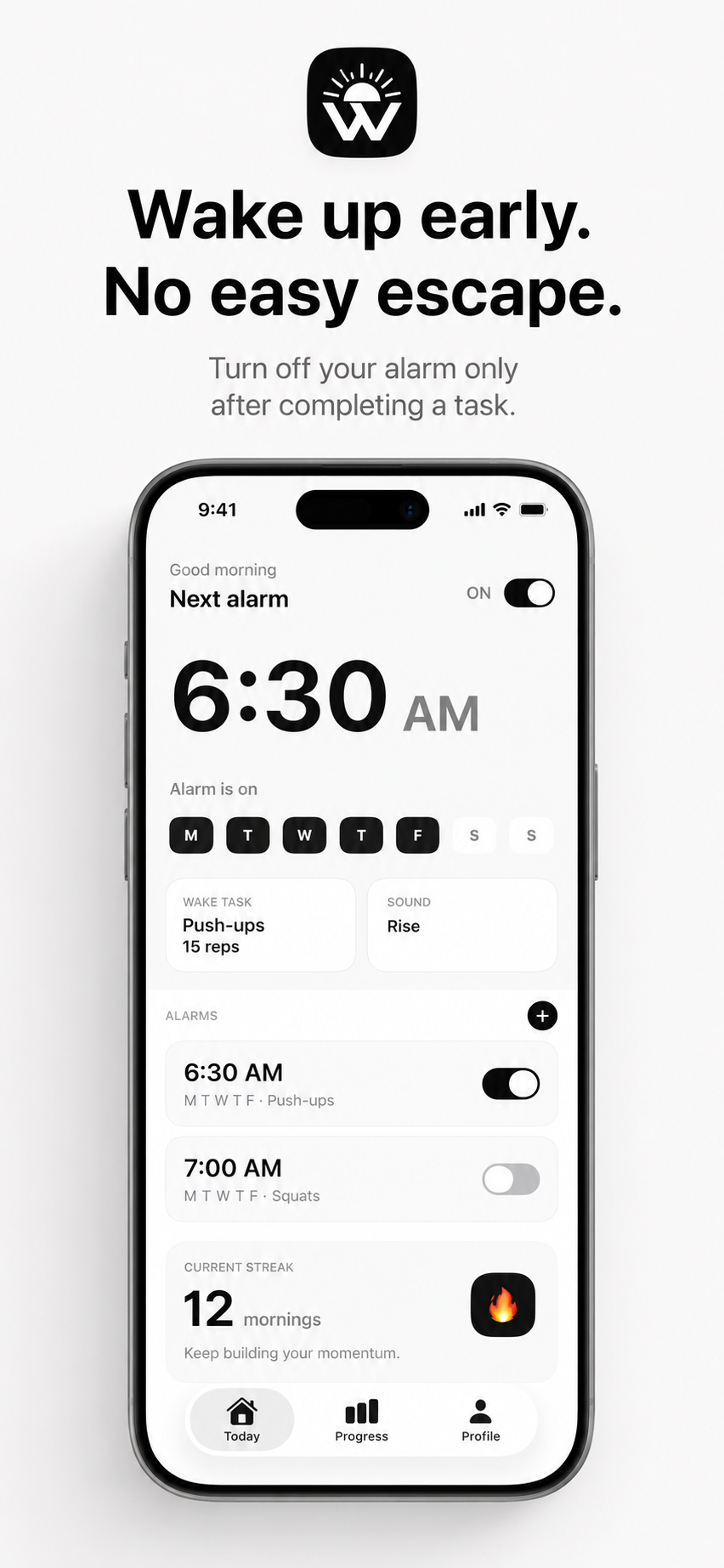 Wake Wake showing a 6:30 AM alarm, weekday schedule, push-up task, and a 12-morning streak