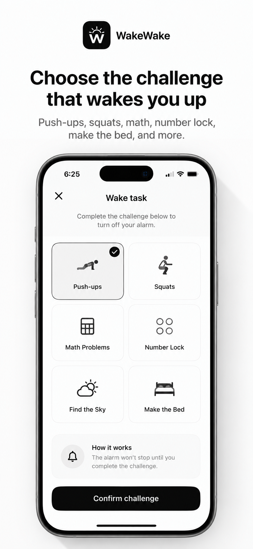 Wake Wake challenge picker with push-ups, squats, math, number lock, find the sky, and make the bed options