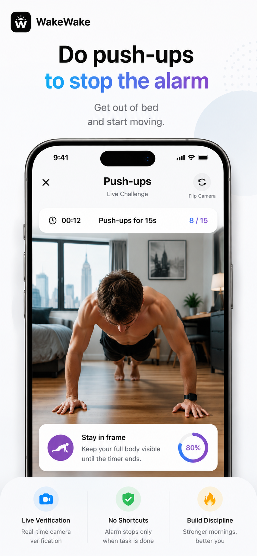 Wake Wake live push-up challenge with a timer, repetition count, and camera framing guidance