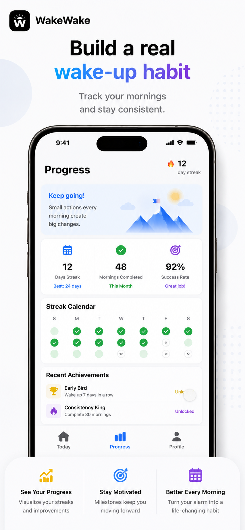 Wake Wake progress screen showing a streak, completed mornings, success rate, calendar, and achievements