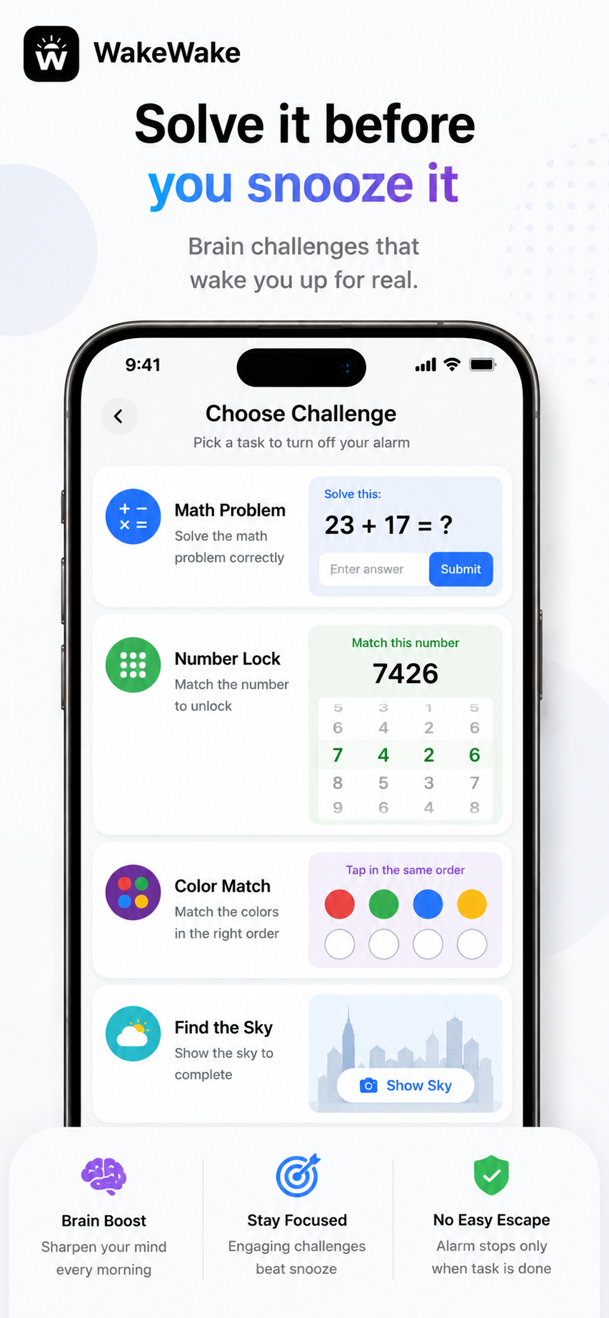 Wake Wake brain challenges including math, number lock, color match, and find the sky